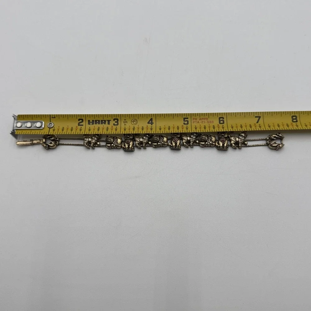 Vintage Avon Gold Tone Sliding Cat Charm Bracelet Rhinestone Red Heart Marked SP